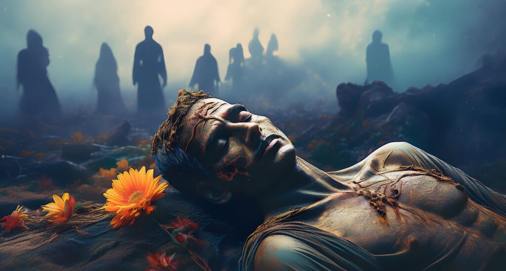 A peaceful, lifeless figure surrounded by a faded flower, set against a misty, ghostly background with distant, shadowy figures symbolizing a final gathering.