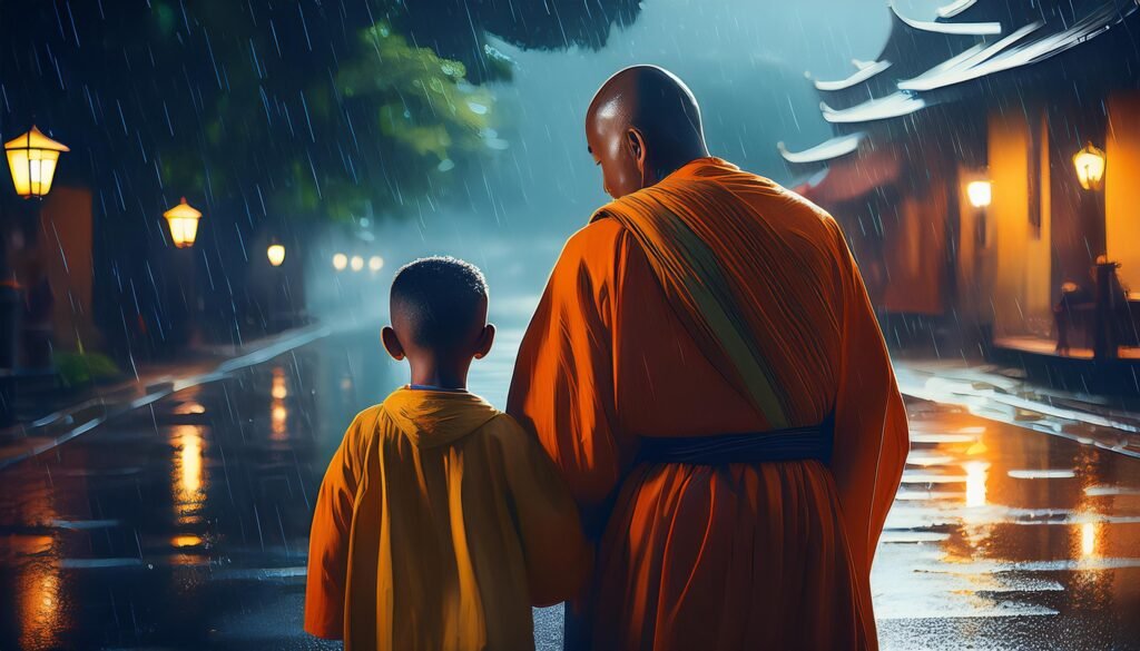 Monk and young Giri arriving at a Gurukul in the hills of Nainital.