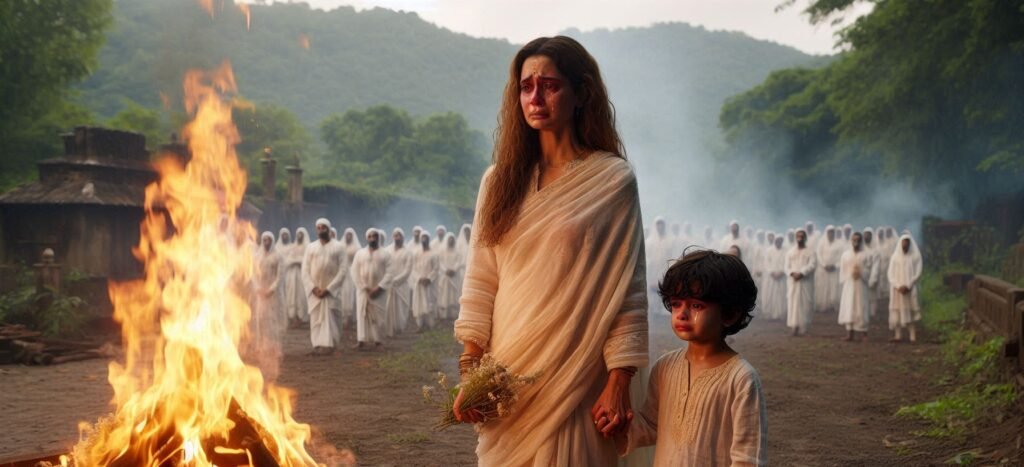 Alka and Giri Kamat watching the flames of Awdhesh's funeral pyre.