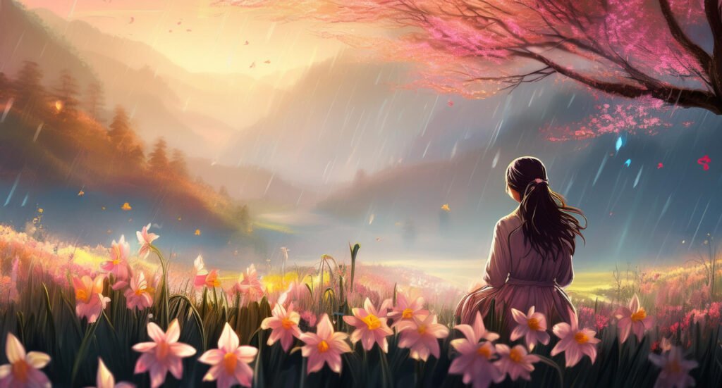 Pink daffodils in bloom with soft sunlight and gentle rain, creating a serene and romantic atmosphere.